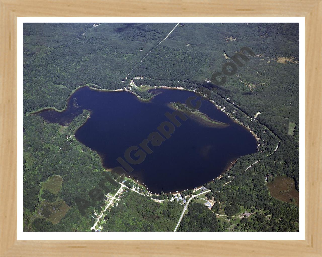 Aerial image of [4289] Gun Lake in Mason, MI with Natural Wood frame