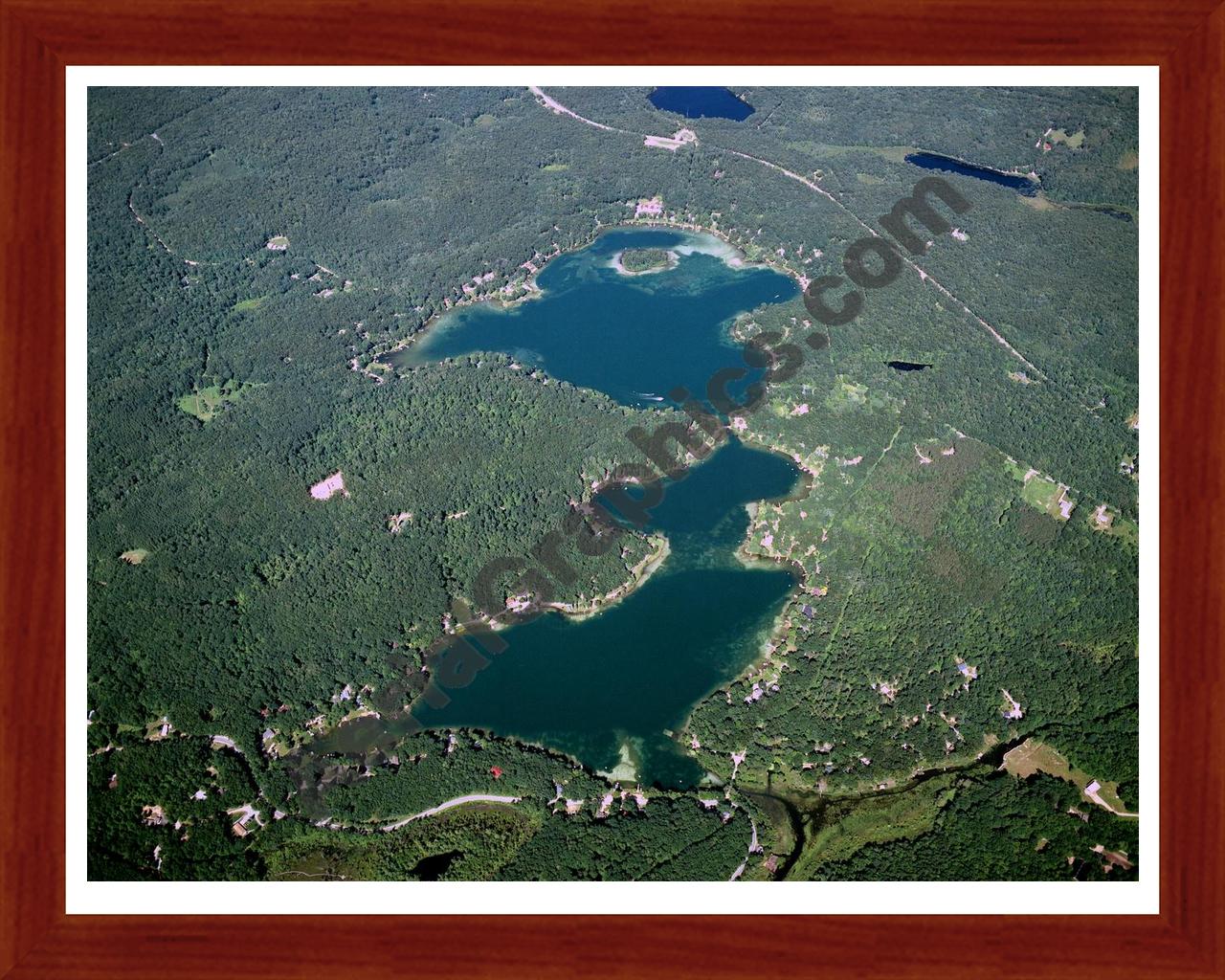 Aerial image of [4292] Emerald Lake & Sylvan Lake in Newaygo, MI with Cherry Wood frame