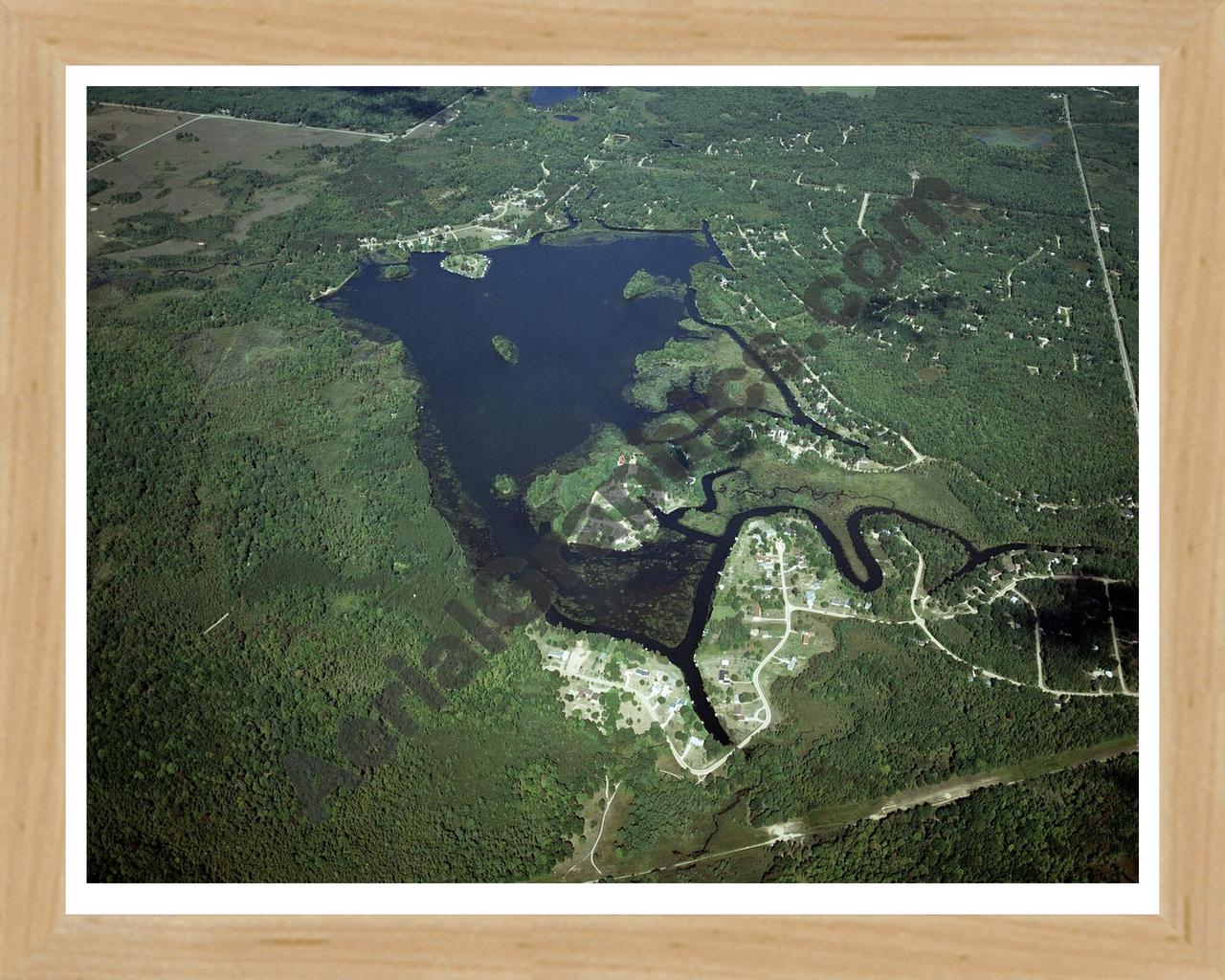 Aerial image of [4324] Doc and Tom Lake in Clare, MI with Natural Wood frame