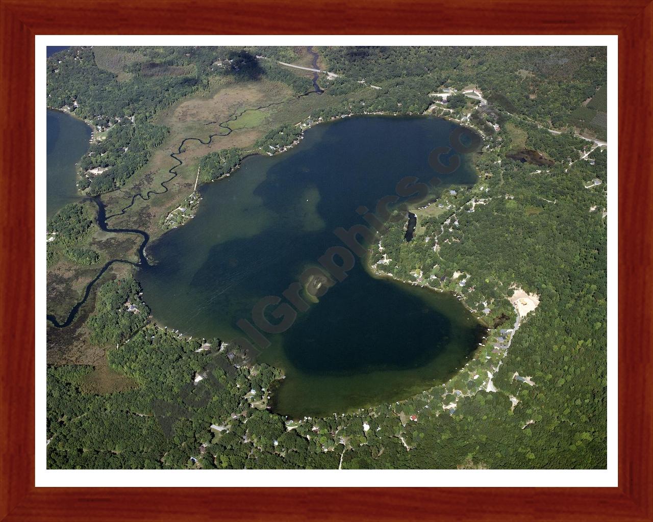 Aerial image of [4337] Blue Lake in Mecosta, MI with Cherry Wood frame