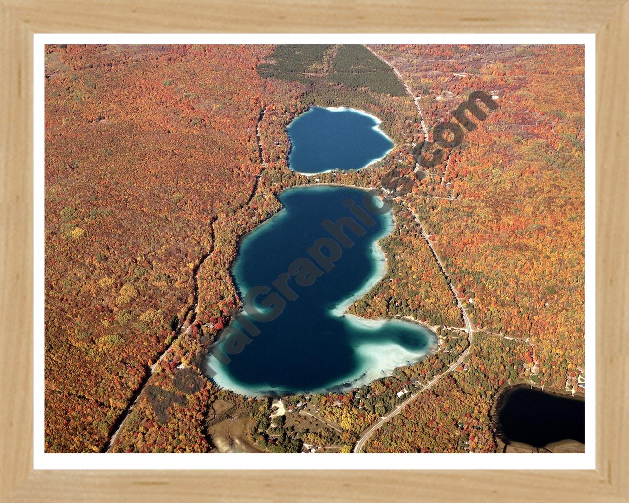 Aerial image of [4366] Blue Lakes (Fall) in Kalkaska, MI with Natural Wood frame