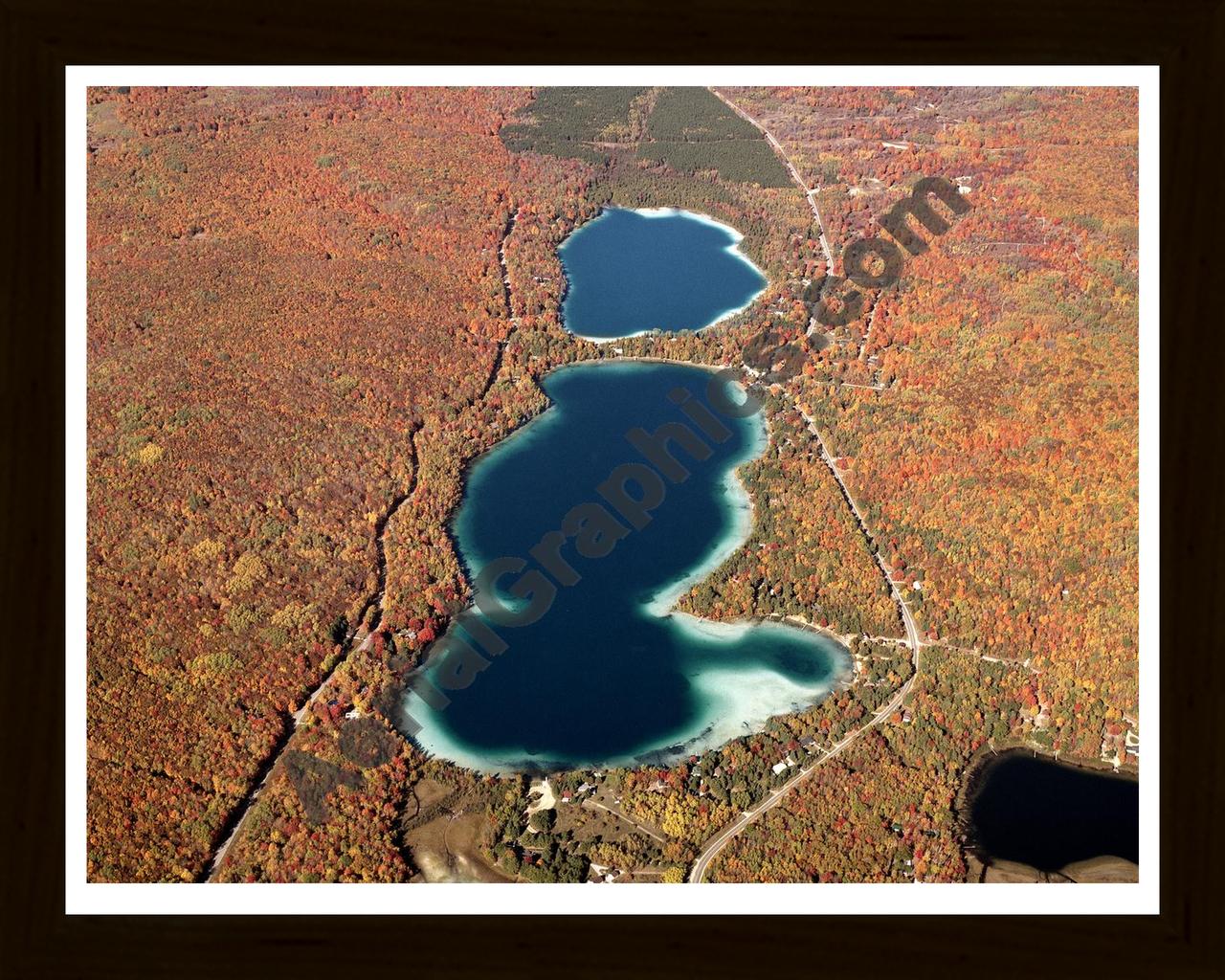 Aerial image of [4366] Blue Lakes (Fall) in Kalkaska, MI with Black Wood frame