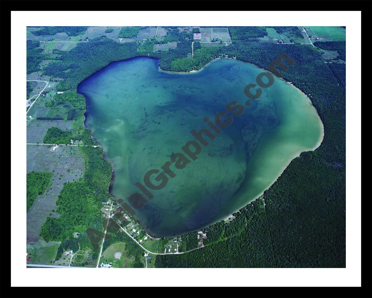 Aerial image of [445] Larks Lake in Emmet, MI with Black Metal frame