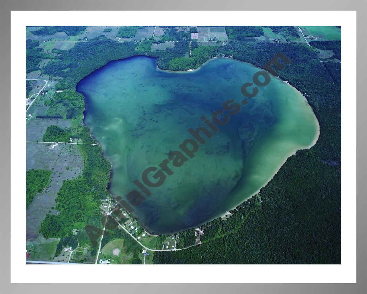 Aerial image of [445] Larks Lake in Emmet, MI with Silver Metal frame