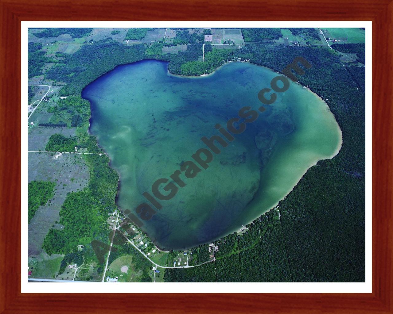 Aerial image of [445] Larks Lake in Emmet, MI with Cherry Wood frame