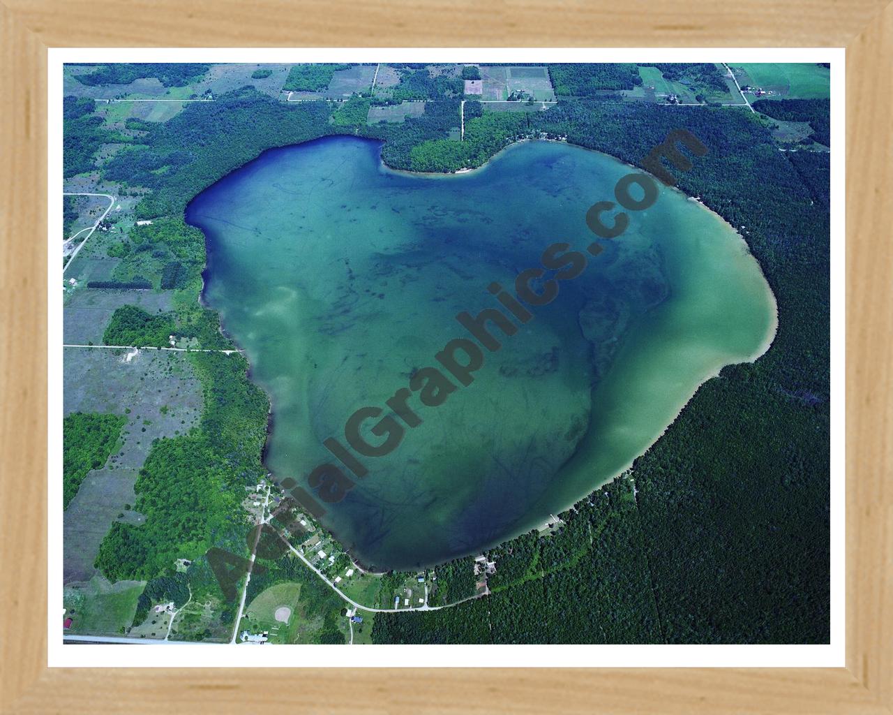 Aerial image of [445] Larks Lake in Emmet, MI with Natural Wood frame