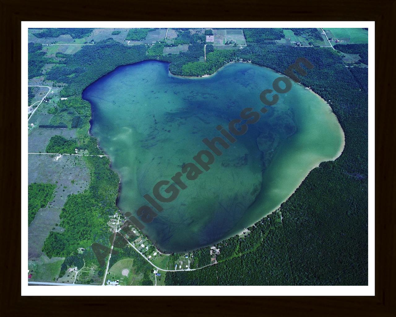 Aerial image of [445] Larks Lake in Emmet, MI with Black Wood frame