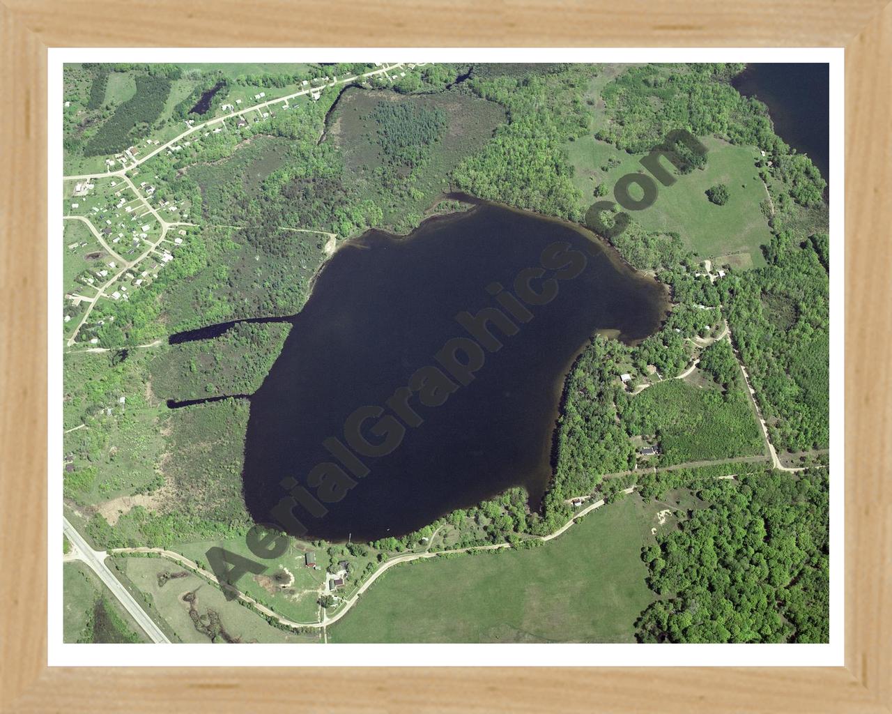 Aerial image of [45] Bear Lake in Clare, MI with Natural Wood frame