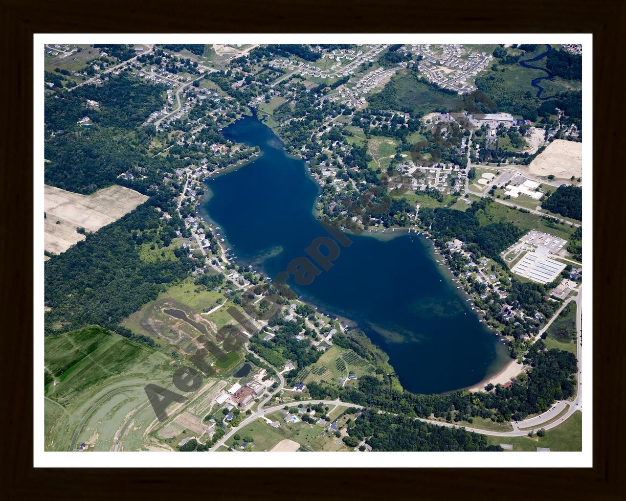 Aerial image of [4681] Byram Lake in Genesee, MI with Black Wood frame