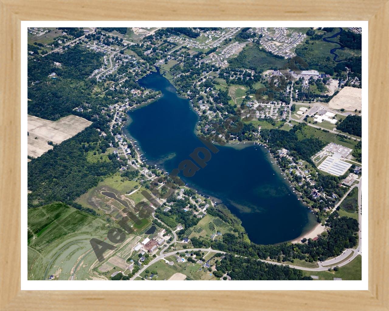 Aerial image of [4681] Byram Lake in Genesee, MI with Natural Wood frame