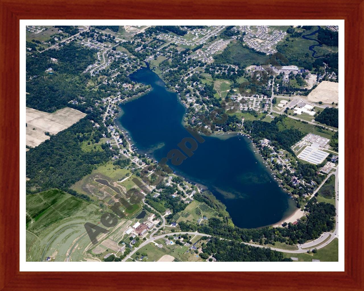 Aerial image of [4681] Byram Lake in Genesee, MI with Cherry Wood frame