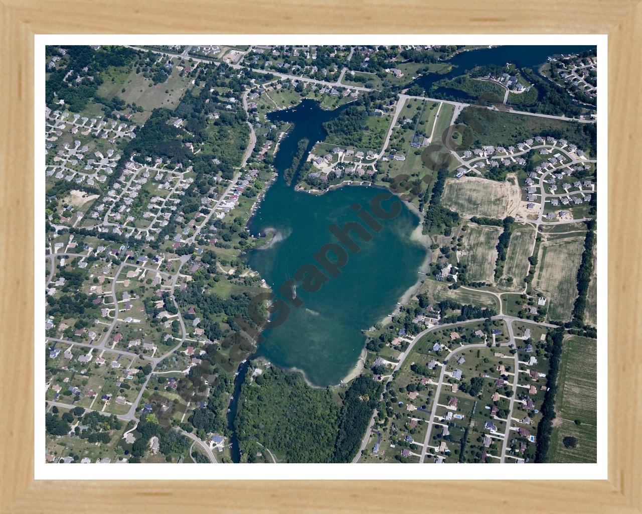 Aerial image of [4682] Marl Lake in Genesee, MI with Natural Wood frame