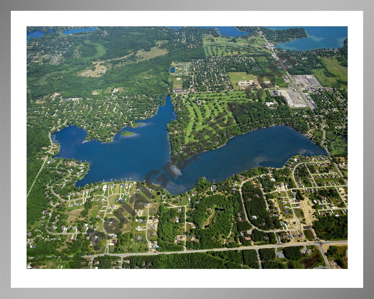 Aerial image of [4692] Lower Straits Lake in Oakland, MI with Silver Metal frame