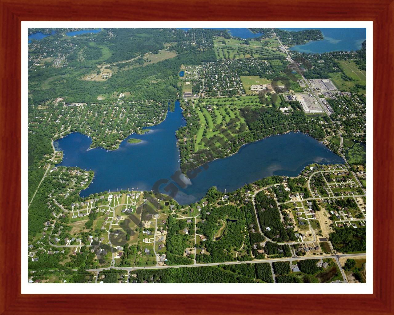 Aerial image of [4692] Lower Straits Lake in Oakland, MI with Cherry Wood frame