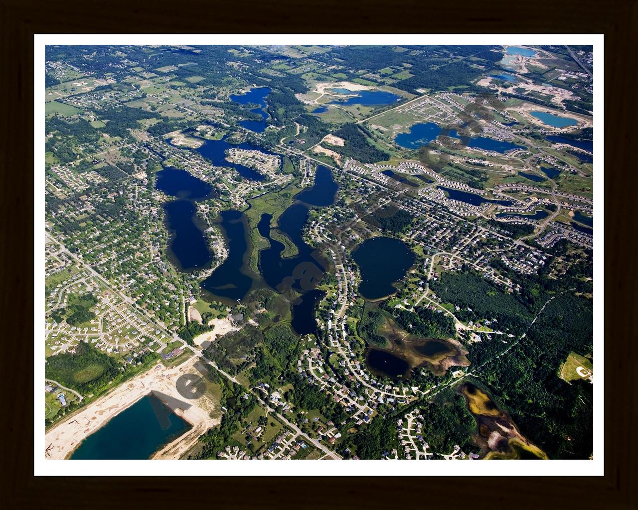 Aerial image of [4717] Mickelson, Squaw, Clear, Long, Tan, and Davis Lakes in Oakland, MI with Black Wood frame