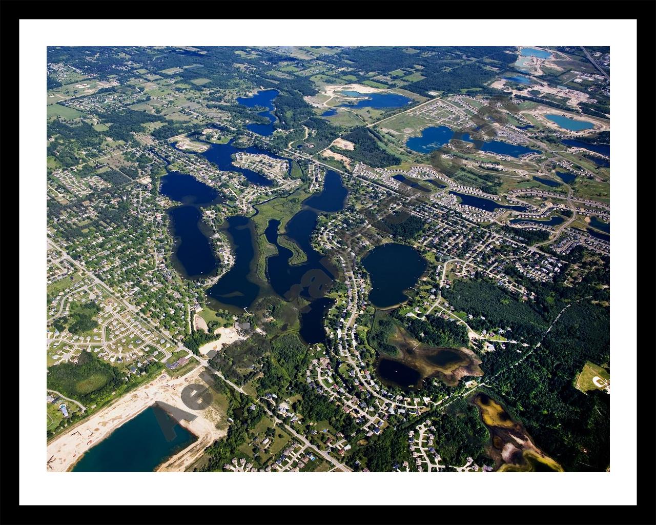 Aerial image of [4717] Mickelson, Squaw, Clear, Long, Tan, and Davis Lakes in Oakland, MI with Black Metal frame