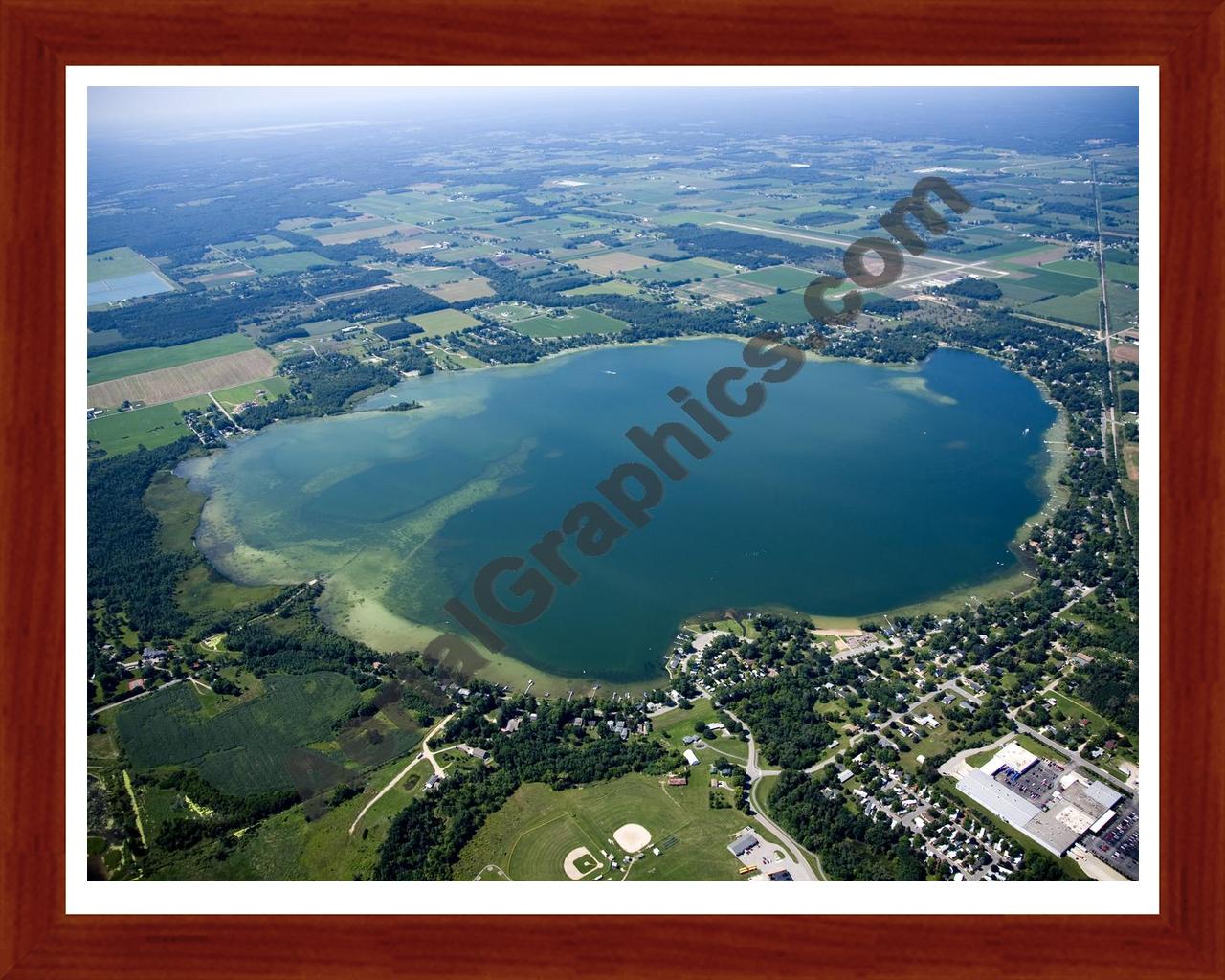 Aerial image of [4744] Fremont Lake in Newaygo, MI with Cherry Wood frame