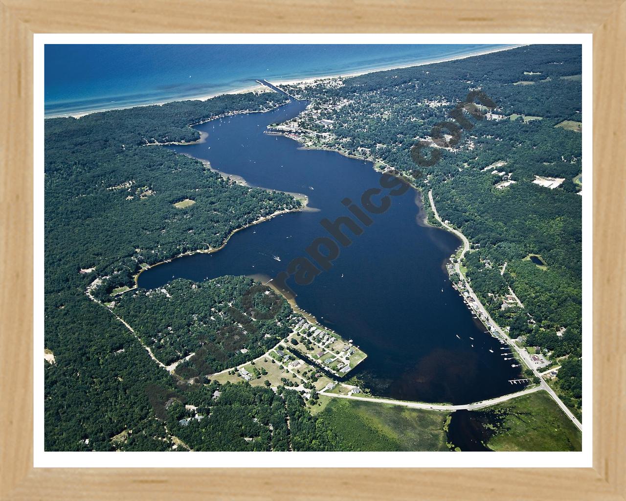 Aerial image of [4747] Pentwater Lake (Looking West) in Oceana, MI with Natural Wood frame