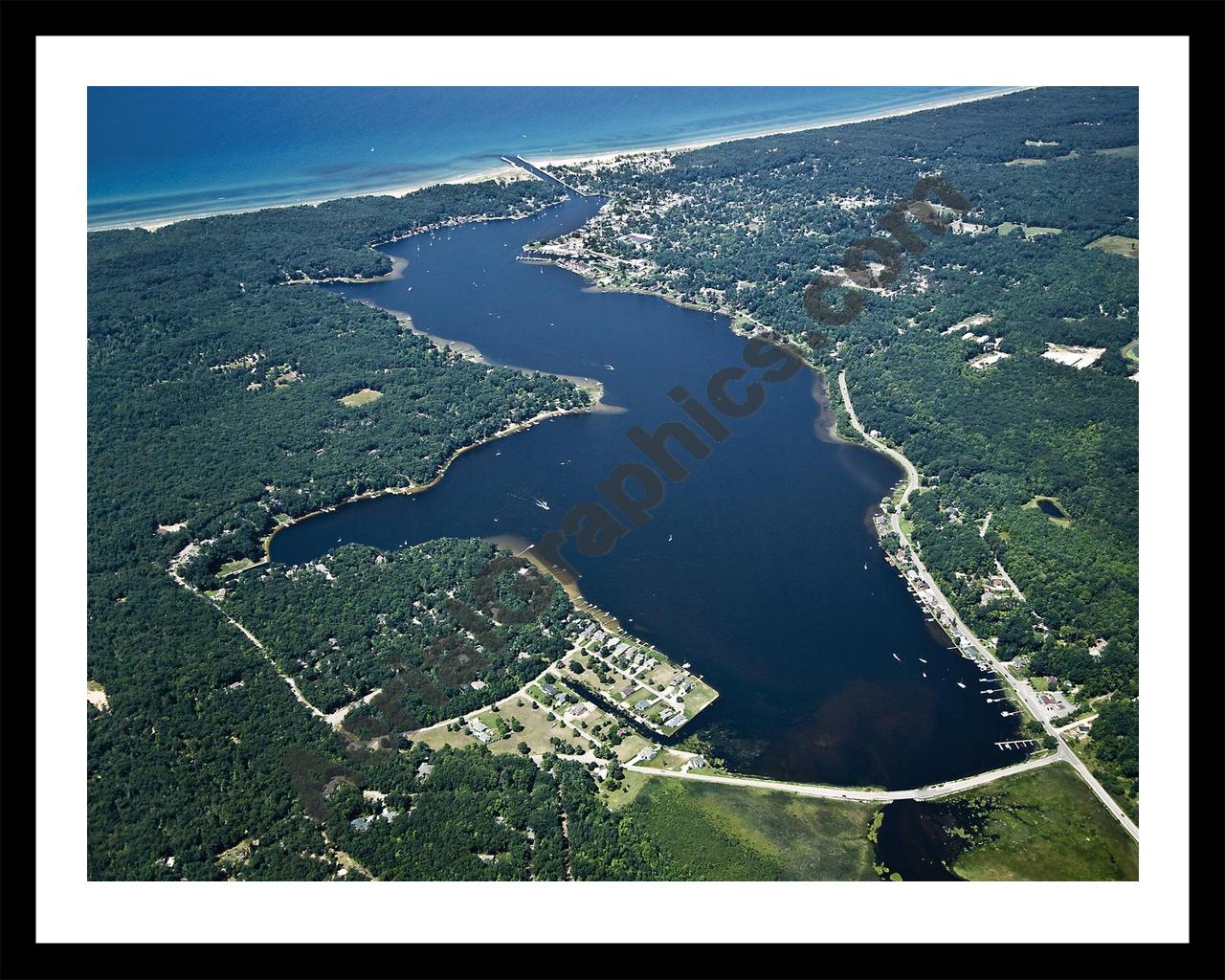 Aerial image of [4747] Pentwater Lake (Looking West) in Oceana, MI with Black Metal frame