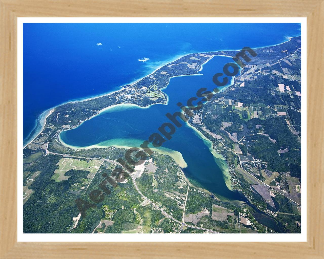 Aerial image of [4776] North Lake Leelanau in Leelanau, MI with Natural Wood frame