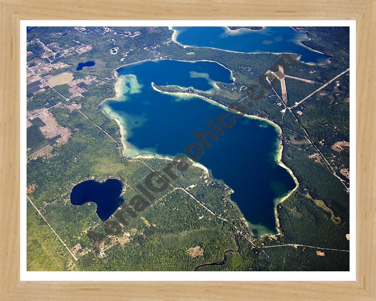 Aerial image of [4779] Green Lake in Grand Traverse, MI with Natural Wood frame