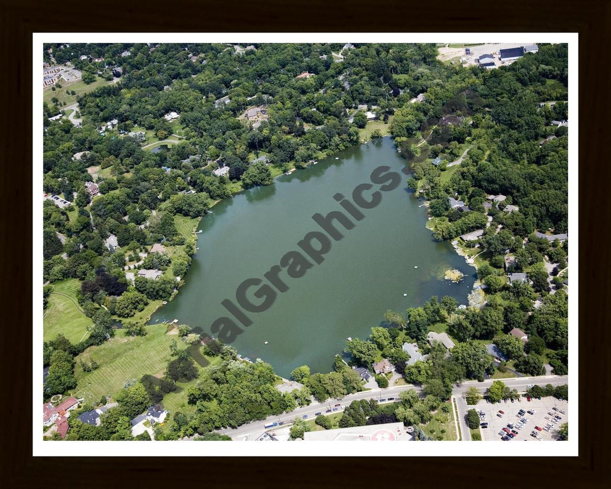 Aerial image of [4874] Fisk Lake in Kent, MI with Black Wood frame
