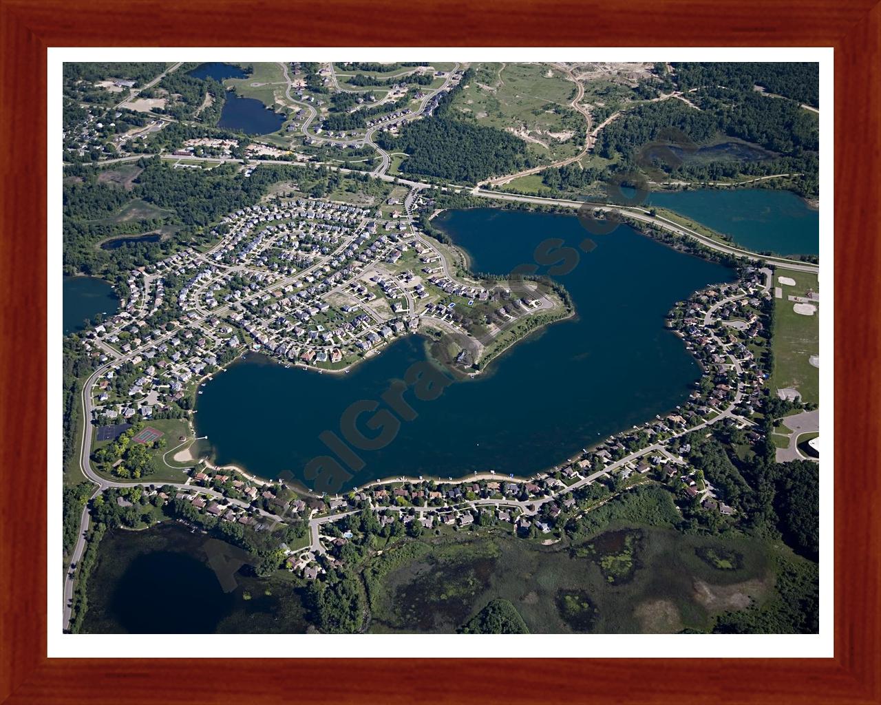 Aerial image of [4956] Oxford Lake in Oakland, MI with Cherry Wood frame