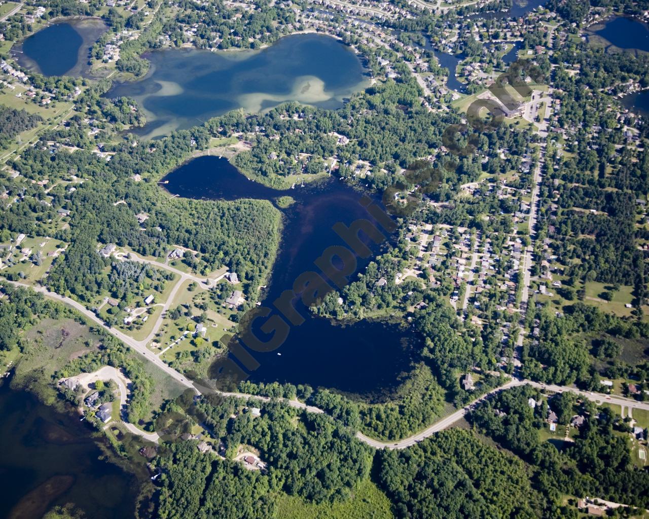 Aerial image of [4957] Elkhorn Lake in Oakland, MI with Canvas Wrap frame