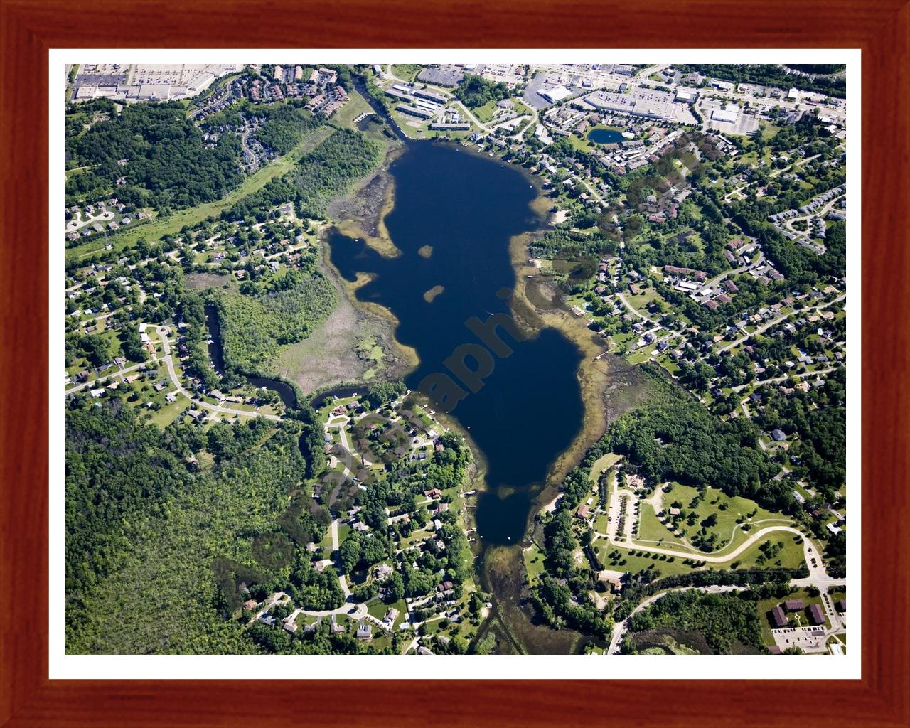 Aerial image of [4963] Green Lake in Oakland, MI with Cherry Wood frame