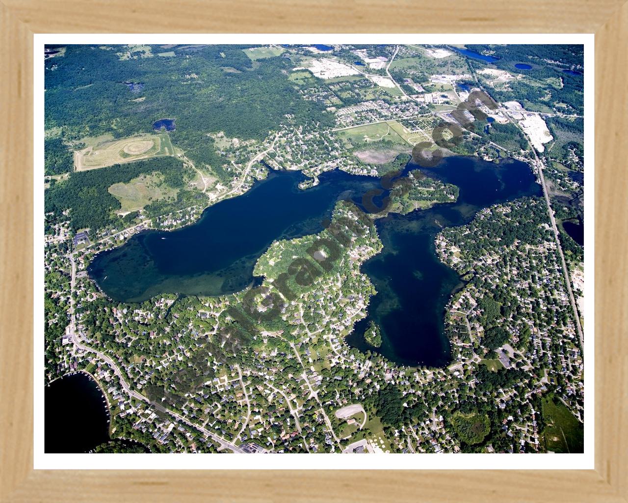 Aerial image of [4966] Lotus Lake & Maceday Lake in Oakland, MI with Natural Wood frame