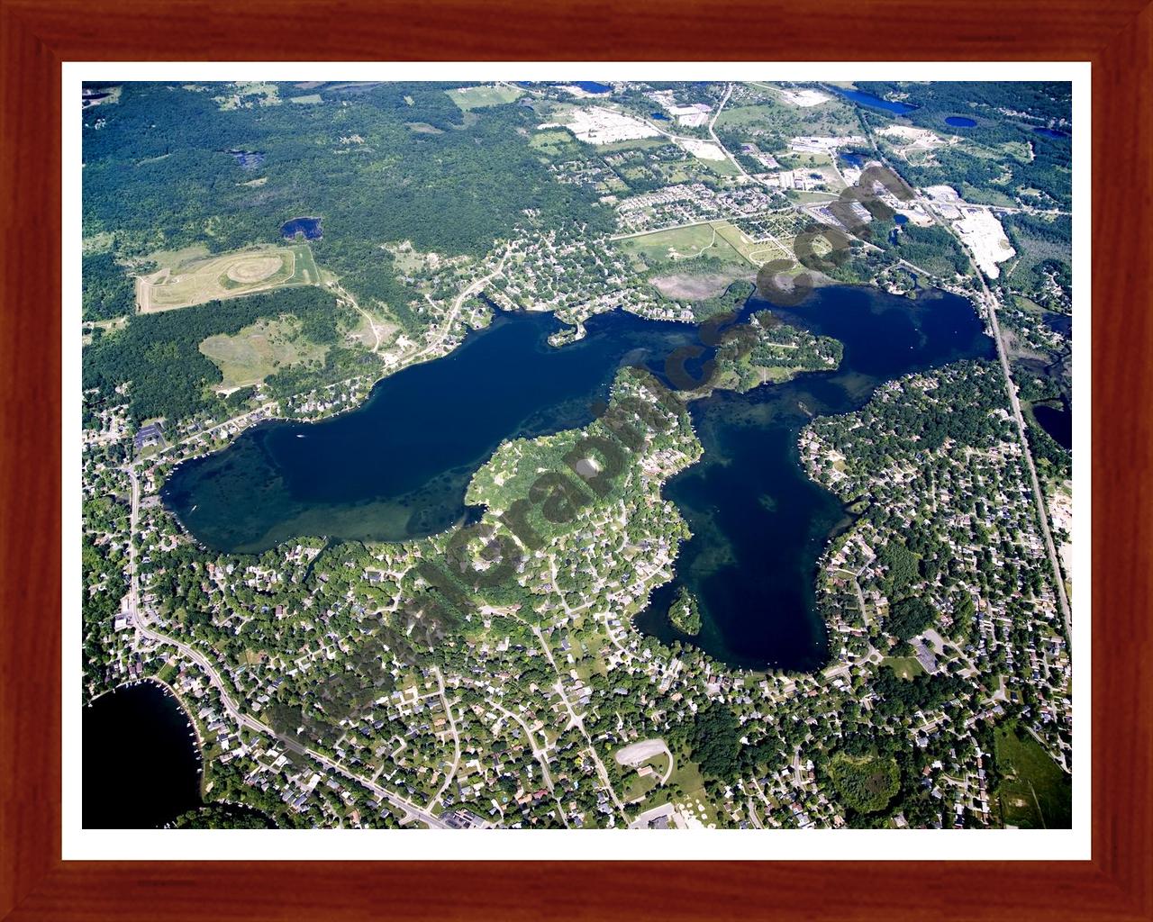 Aerial image of [4966] Lotus Lake & Maceday Lake in Oakland, MI with Cherry Wood frame