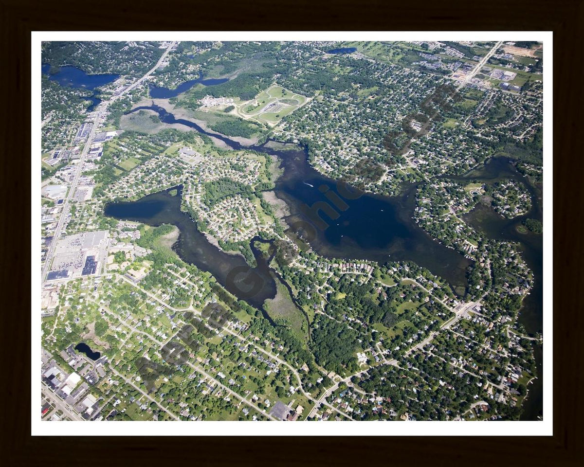 Aerial image of [4967] Woodhull Lake & Eagle Lake in Oakland, MI with Black Wood frame