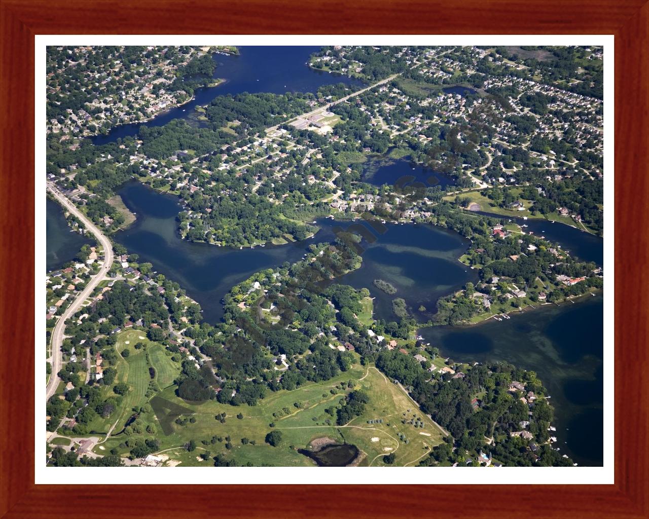 Aerial image of [4972] Mohawk Lake & Wormer Lake in Oakland, MI with Cherry Wood frame