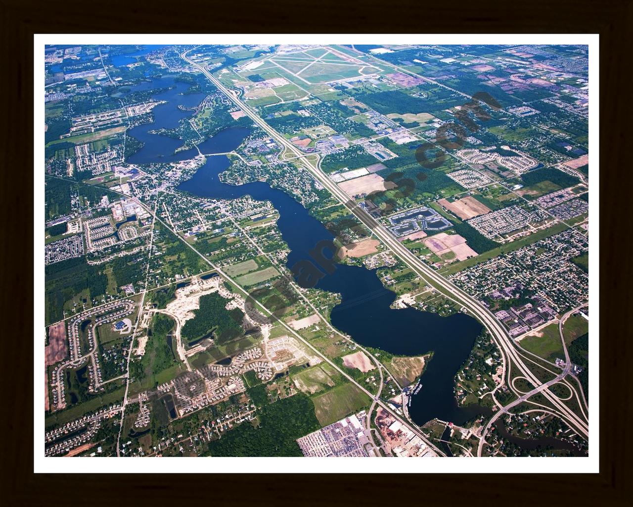 Aerial image of [4974] Belleville Lake in Wayne, MI with Black Wood frame