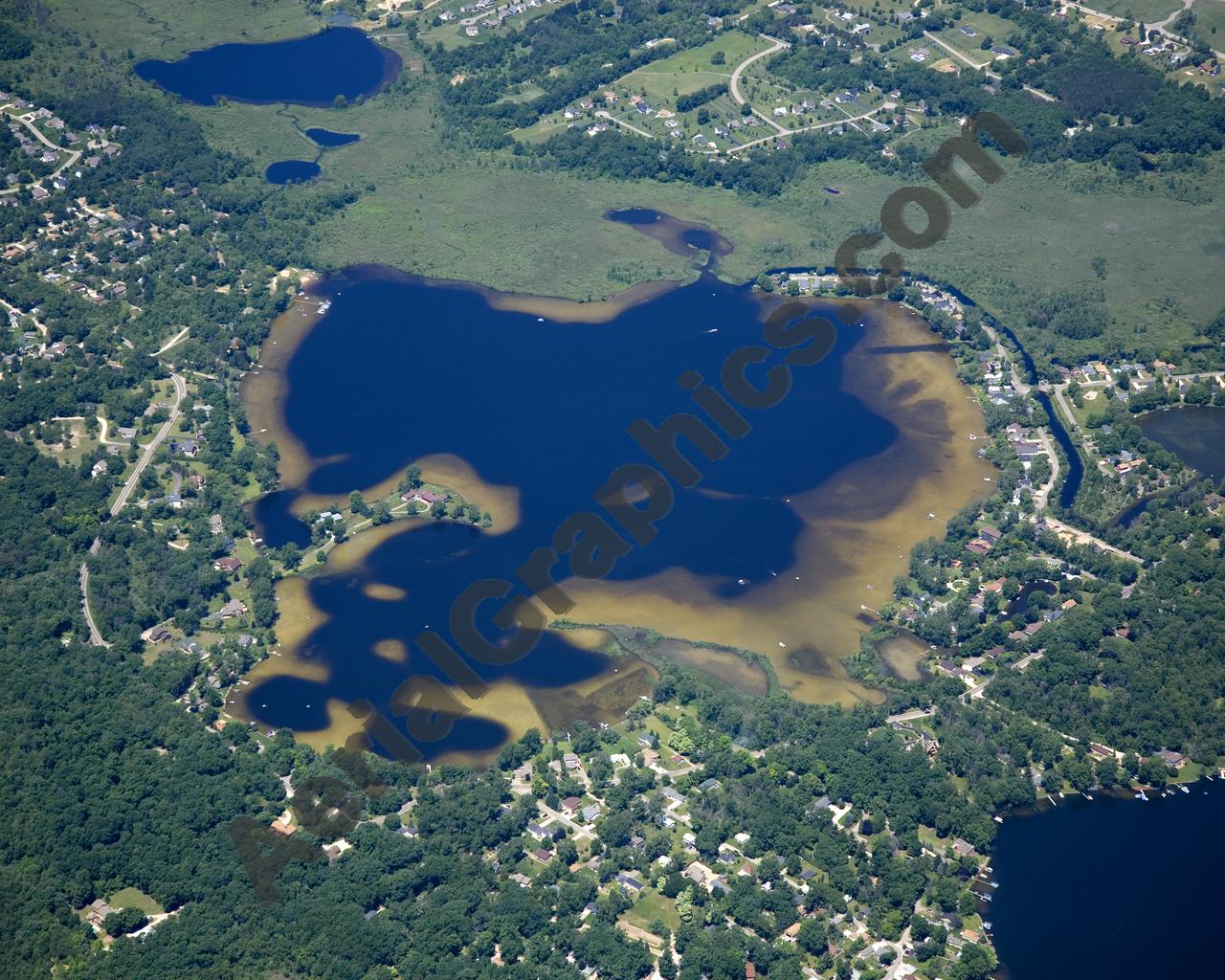 Aerial image of [4981] Bass Lake in Livingston, MI with Canvas Wrap frame