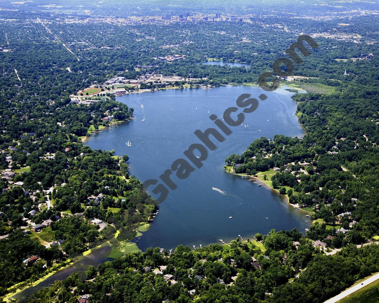 Aerial image of [4996] Reeds Lake in Kent, MI with Canvas Wrap frame