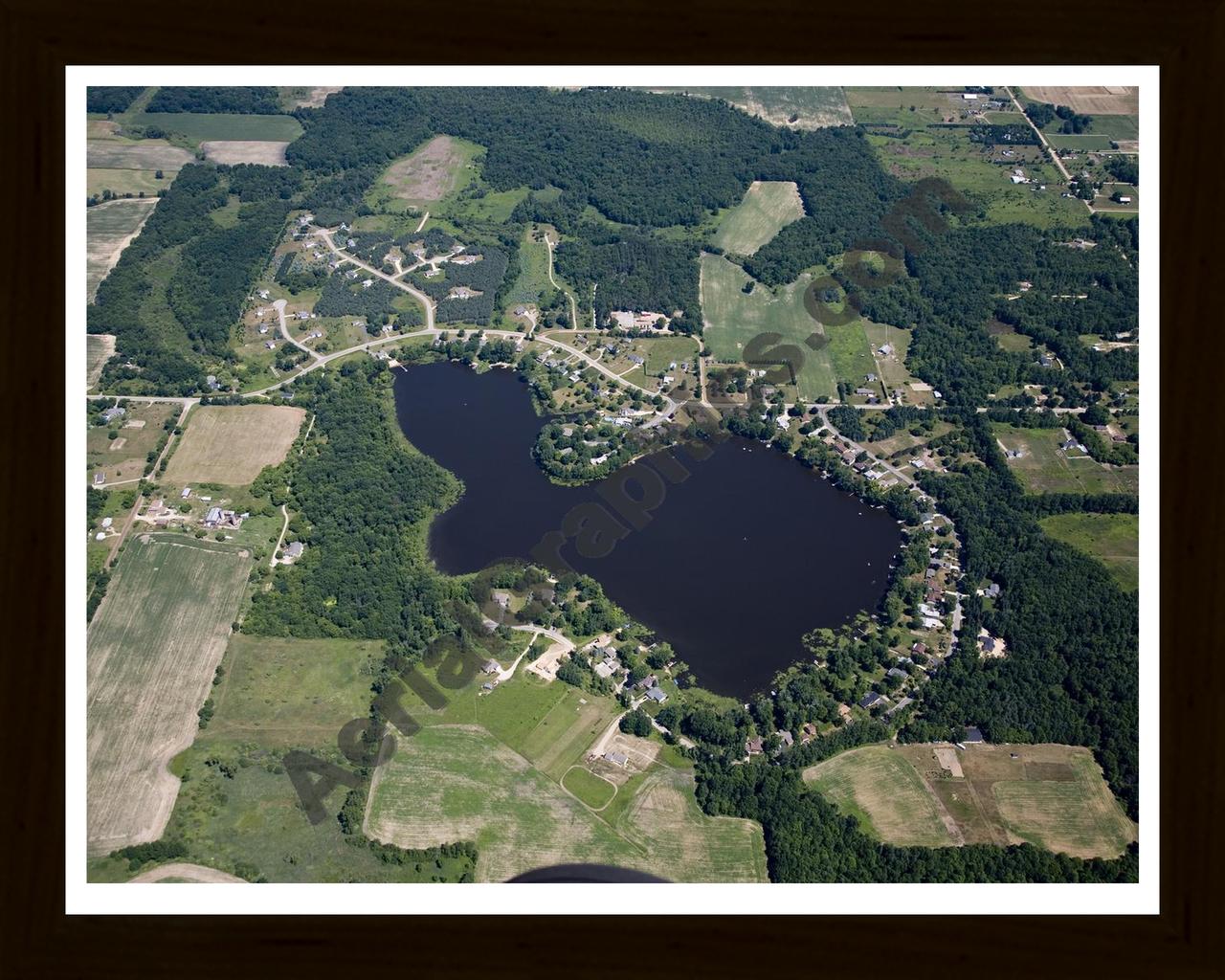 Aerial image of [5001] Cowan Lake in Kent, MI with Black Wood frame