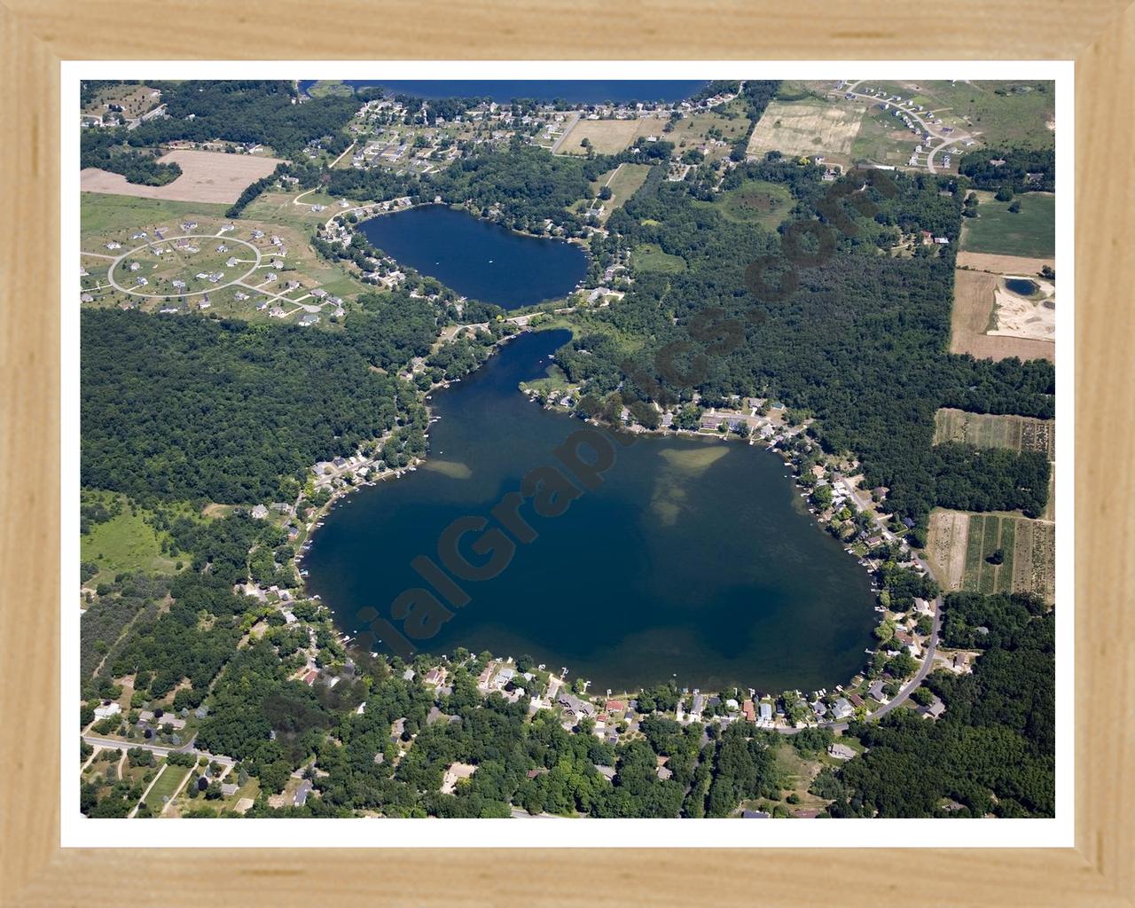 Aerial image of [5002] Brower Lake in Kent, MI with Natural Wood frame