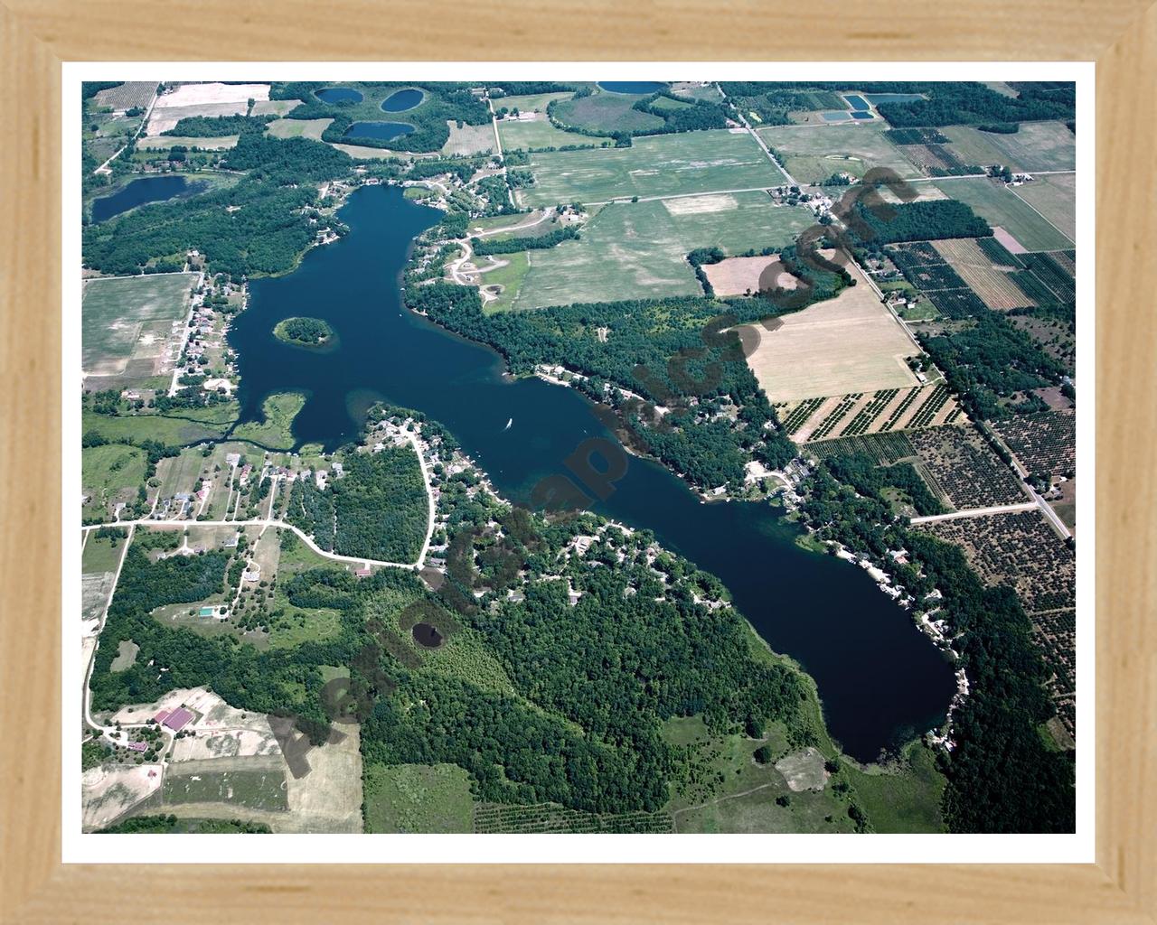 Aerial image of [5006] Big Pine Island Lake in Kent, MI with Natural Wood frame