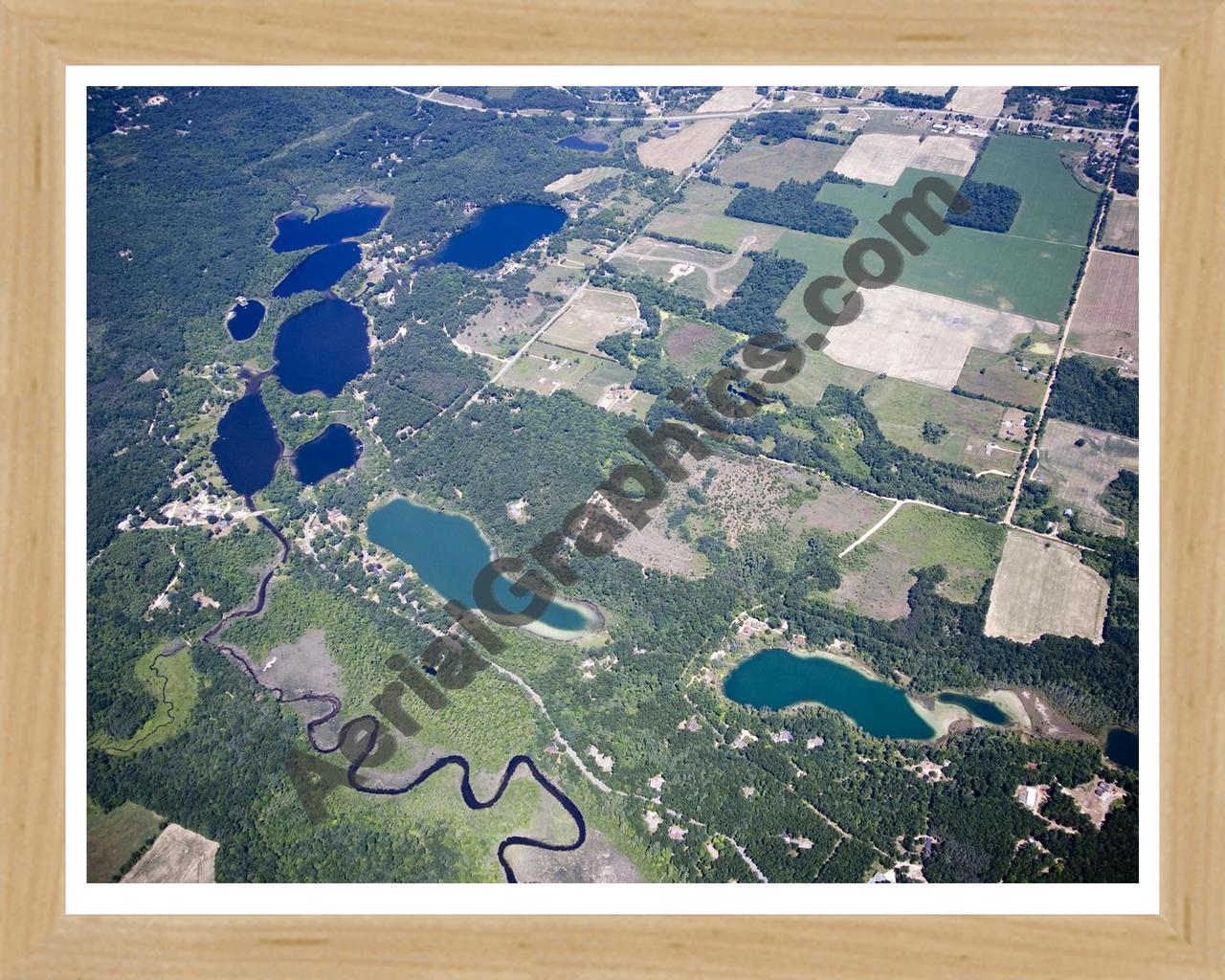 Aerial image of [5012] Morgan & Chain Lakes in Kent, MI with Natural Wood frame