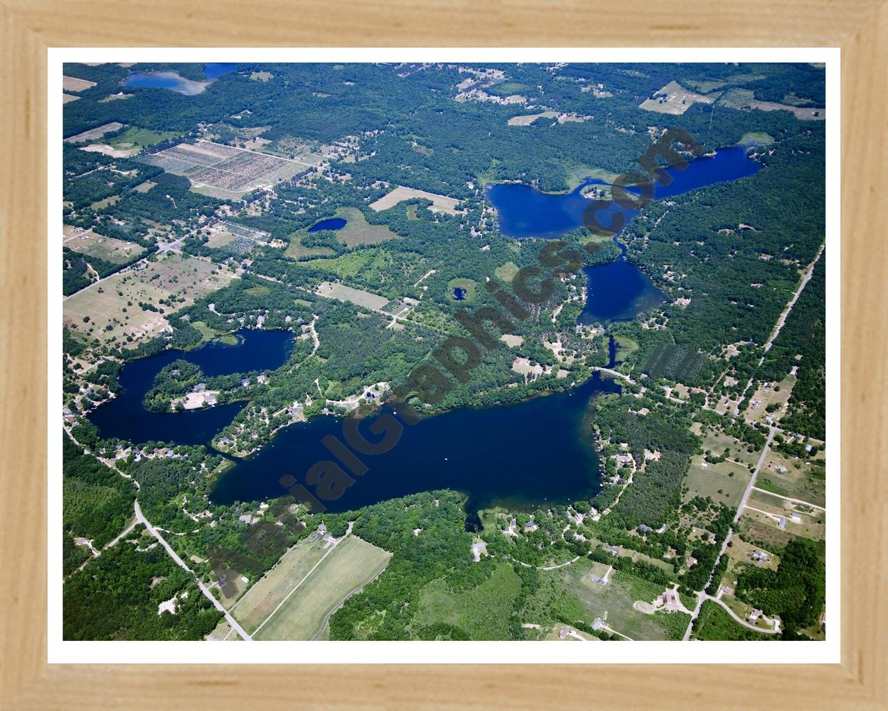 Aerial image of [5015] Horseshoe Lake and Woodbeck Lake in Kent, MI with Natural Wood frame