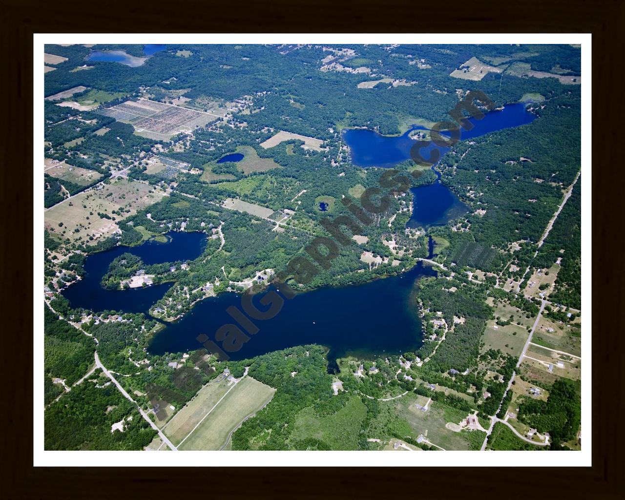 Aerial image of [5015] Horseshoe Lake and Woodbeck Lake in Kent, MI with Black Wood frame