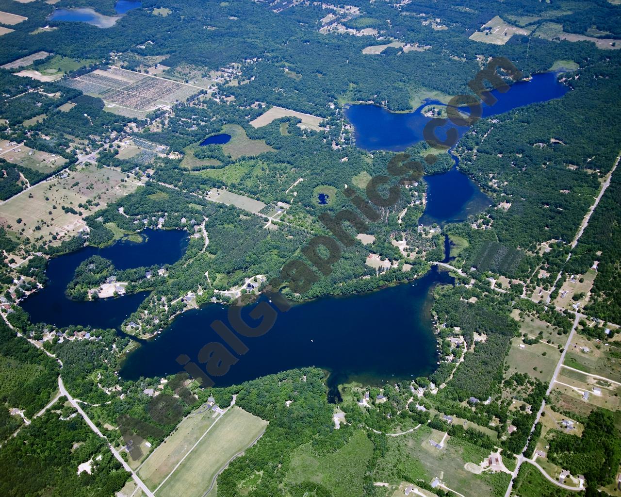 Aerial image of [5015] Horseshoe Lake and Woodbeck Lake in Kent, MI with Canvas Wrap frame