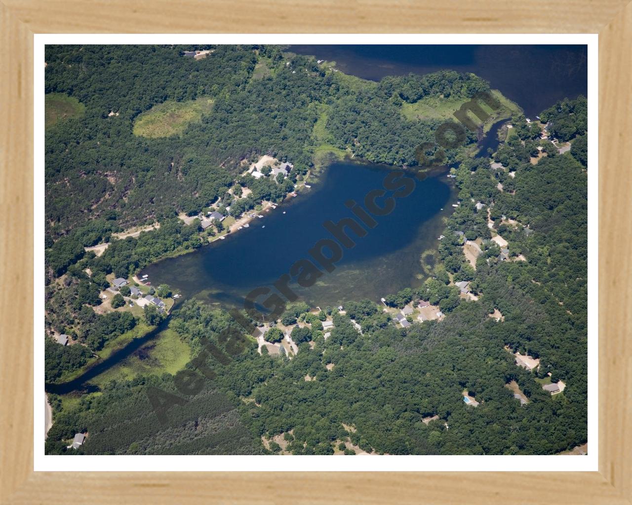 Aerial image of [5016] Banks Lake in Kent, MI with Natural Wood frame