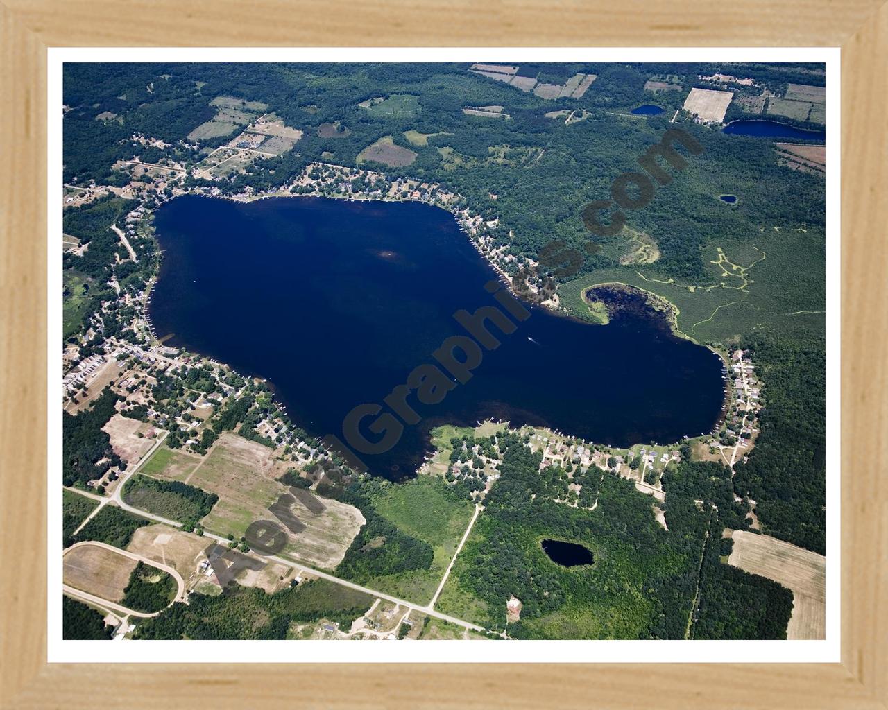 Aerial image of [5032] Long Lake in Ionia, MI with Natural Wood frame