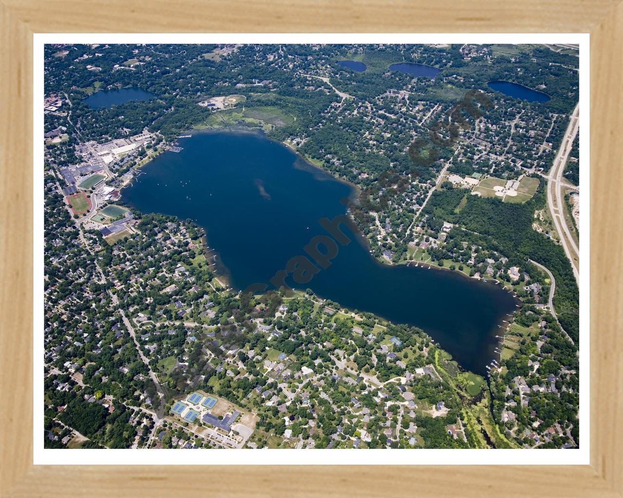 Aerial image of [5033] Reeds Lake in Kent, MI with Natural Wood frame