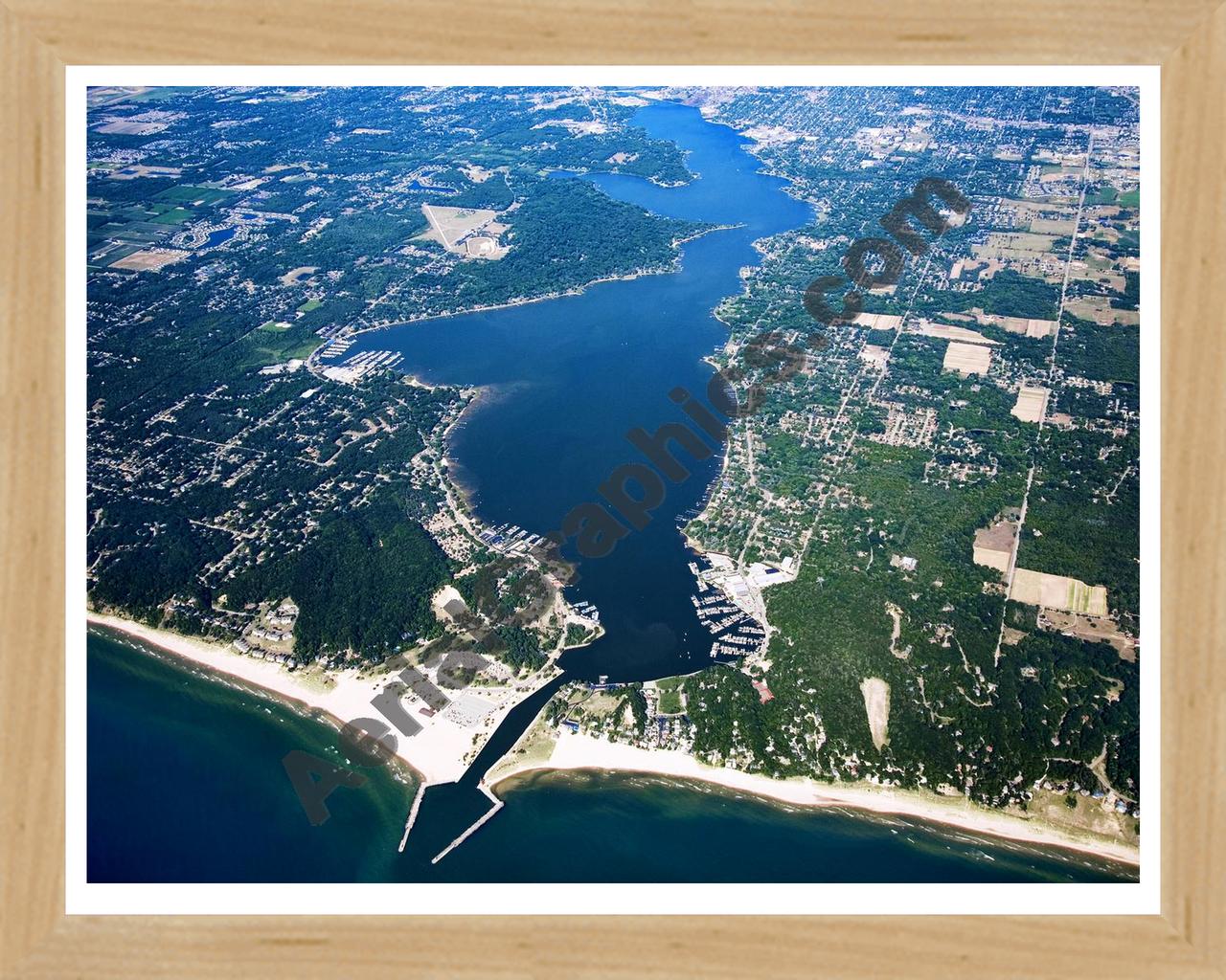 Aerial image of [5062] Lake Macatawa in Ottawa, MI with Natural Wood frame