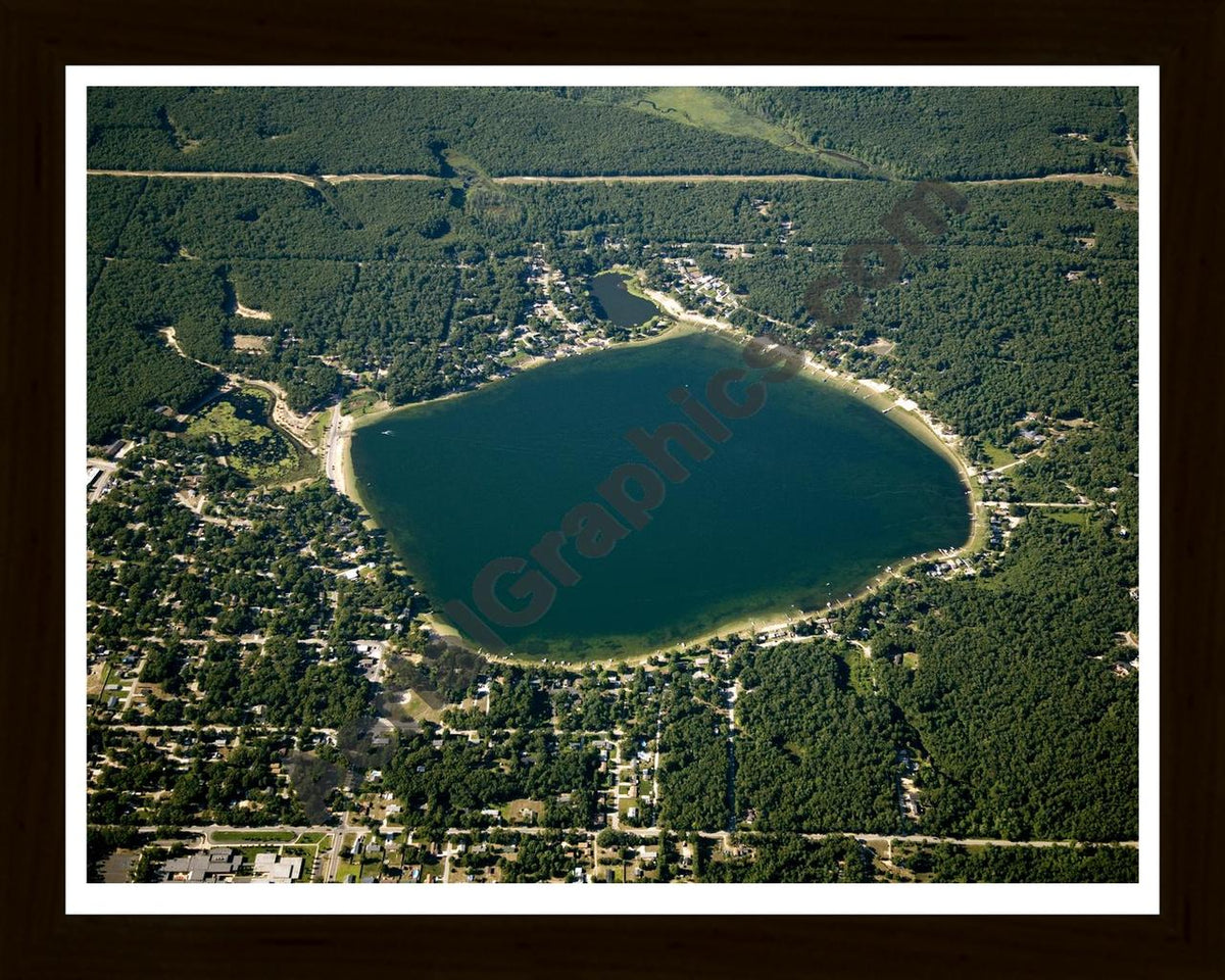 Aerial image of [5063] Wolf Lake in Muskegon, MI with Black Wood frame