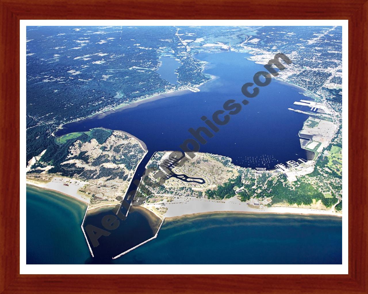 Aerial image of [5066] Muskegon Lake (Looking East) in Muskegon, MI with Cherry Wood frame