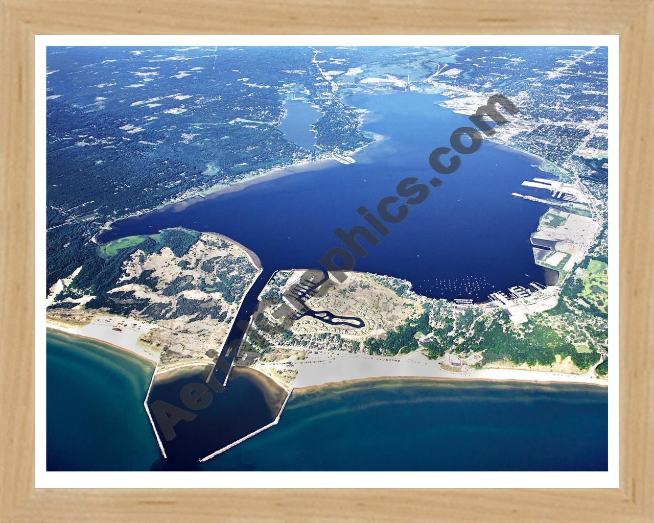 Aerial image of [5066] Muskegon Lake (Looking East) in Muskegon, MI with Natural Wood frame